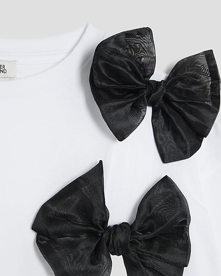 Girls White Bow Short Sleeve Crop Top