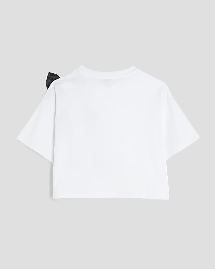 Girls White Bow Short Sleeve Crop Top