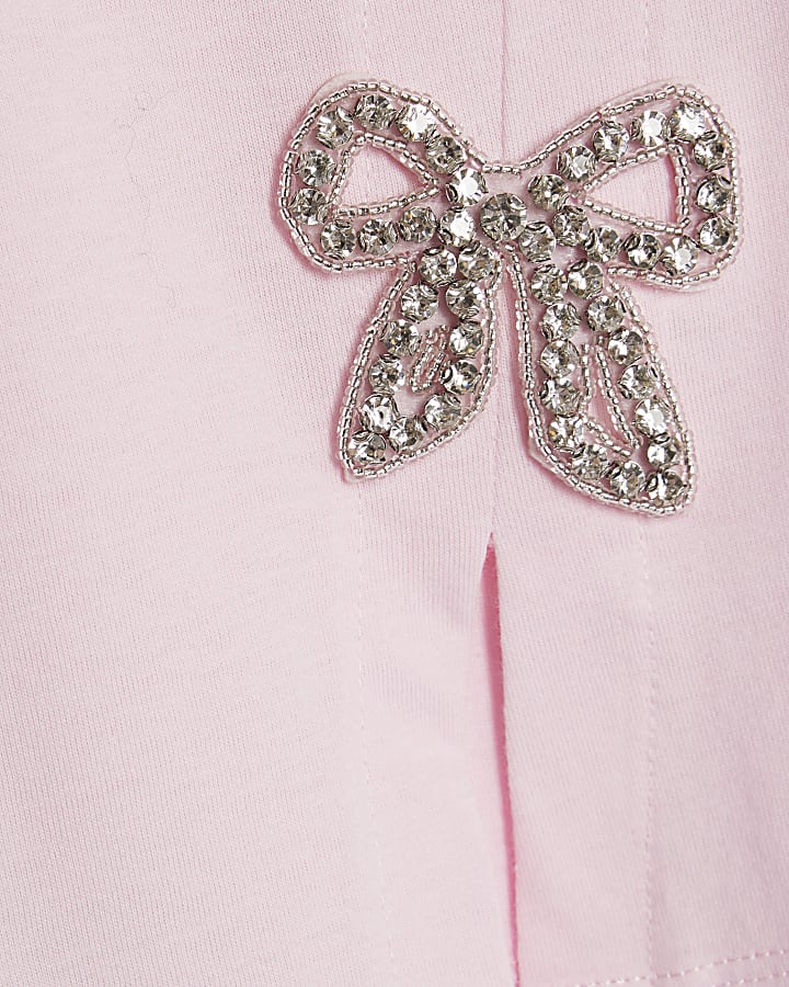 Girls Pink Diamante Bow Crop T-shirt
