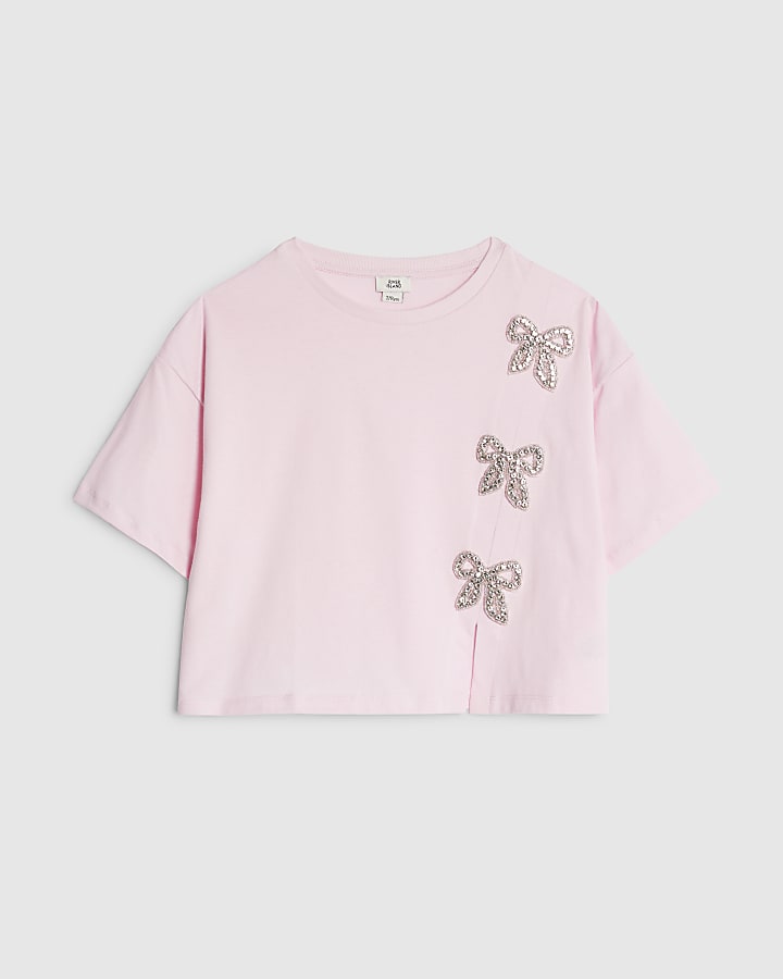 Girls Pink Diamante Bow Crop T-shirt