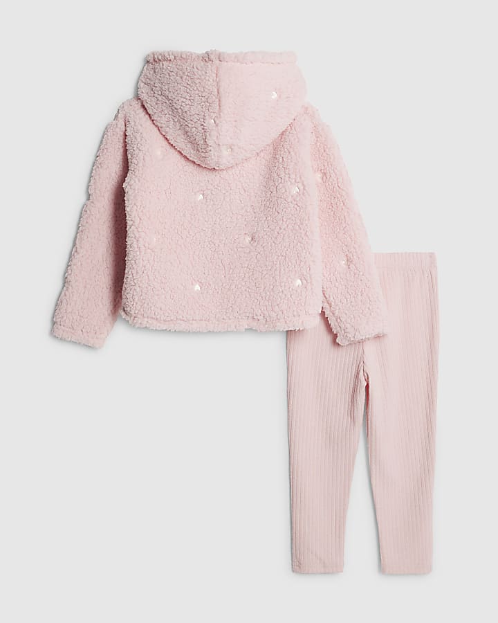 Mini Girls Pink Heart Borg Cosy Hoodie Set