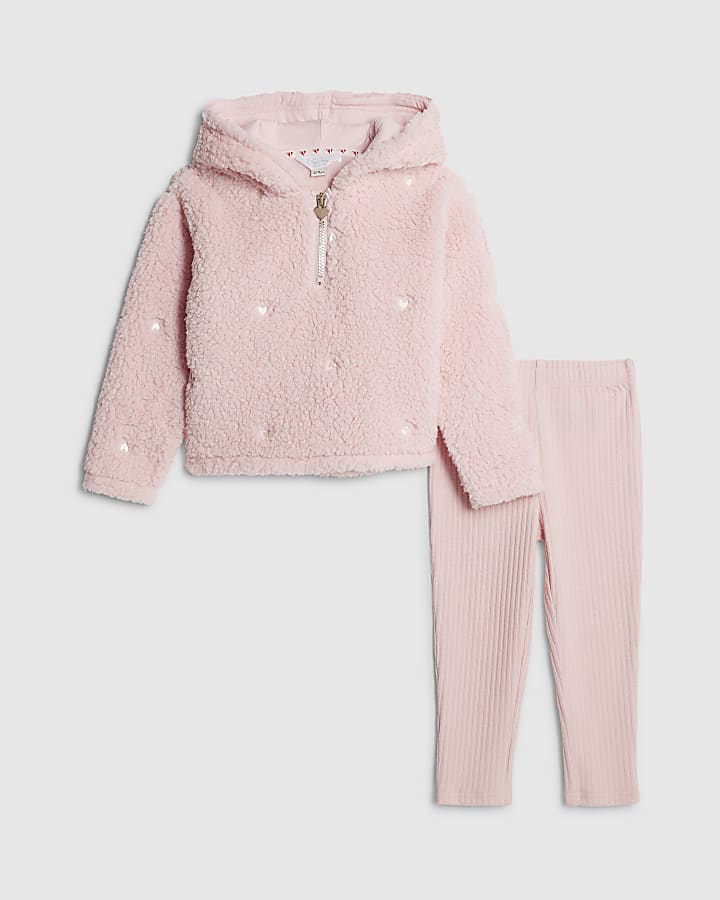 Mini Girls Pink Heart Borg Cosy Hoodie Set
