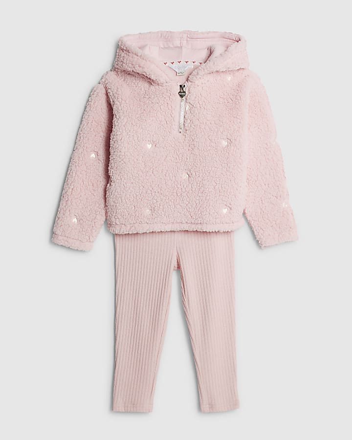 Mini Girls Pink Heart Borg Cosy Hoodie Set