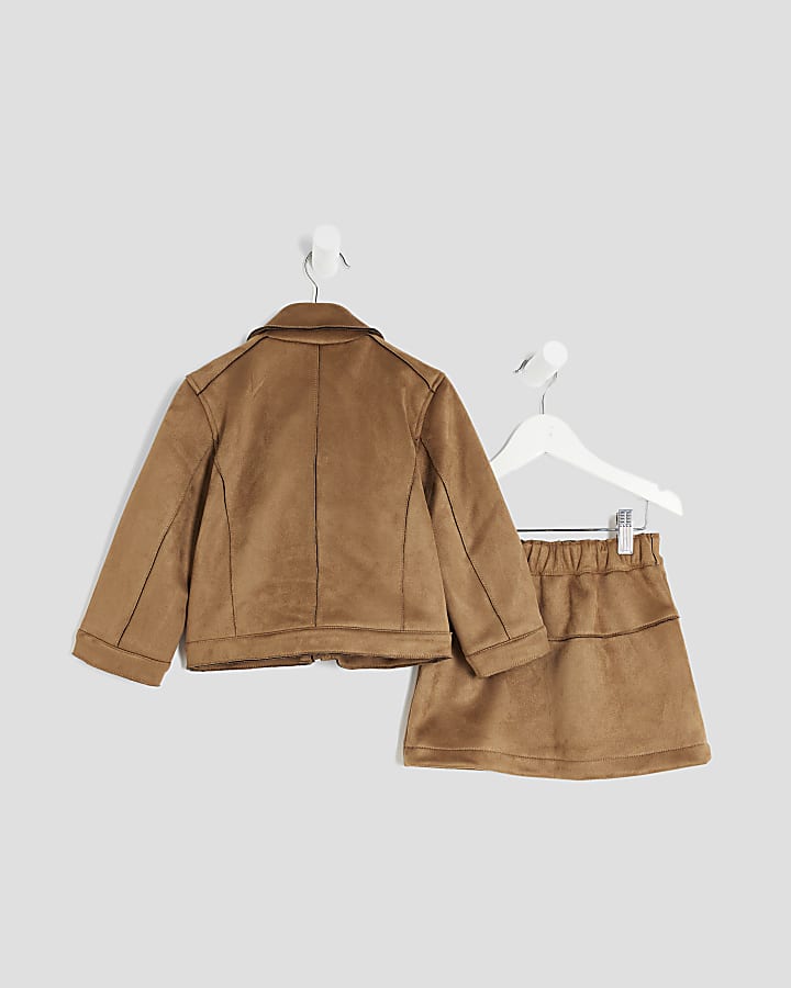 Mini Girls Brown Suede Skirt Set