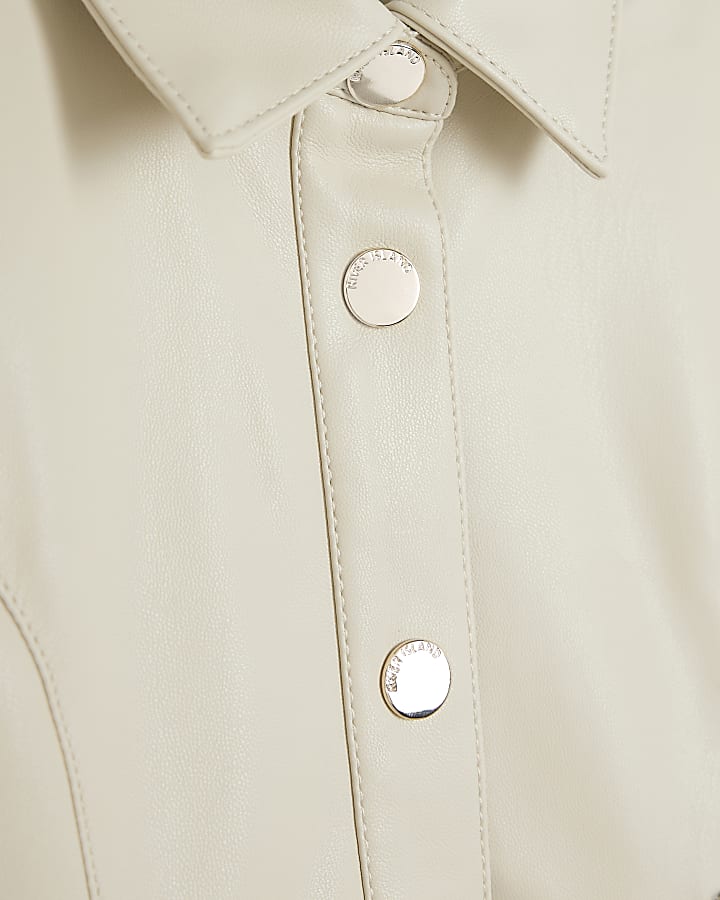 Mini Girls Cream Faux Leather Shirt Dress