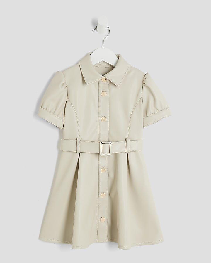 Mini Girls Cream Faux Leather Shirt Dress