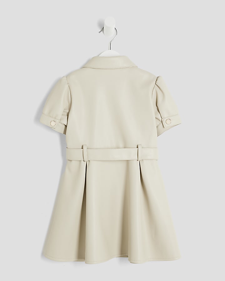 Mini Girls Cream Faux Leather Shirt Dress