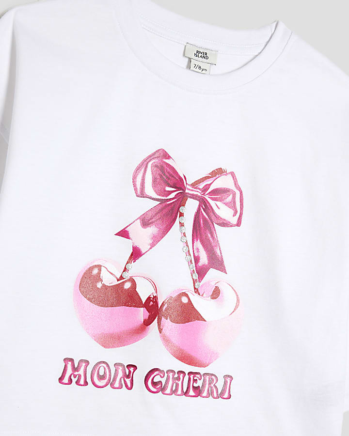 Girls Beige Cherry Bubble Hem Skirt Set