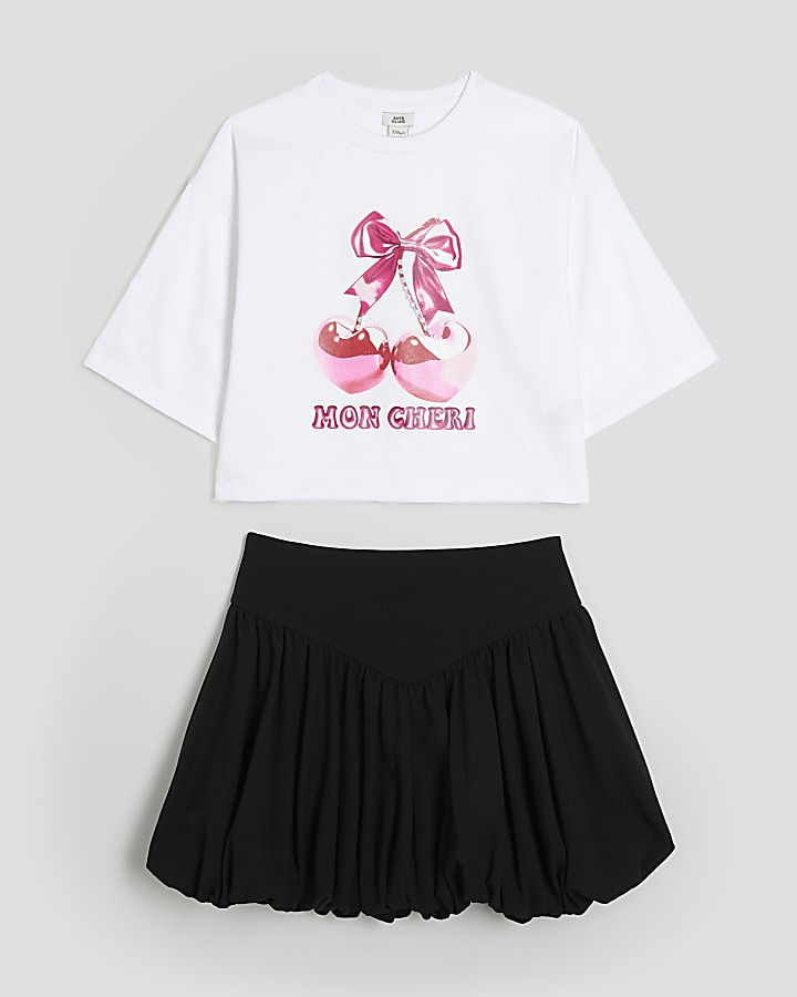 Girls Beige Cherry Bubble Hem Skirt Set