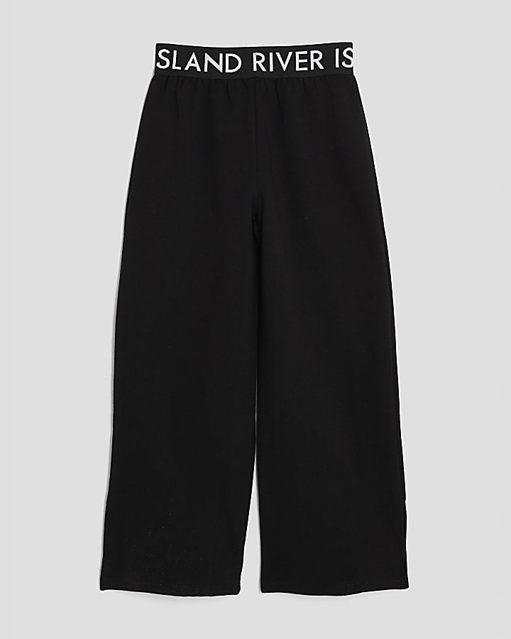 Girls Black Wide Leg RI Waistband Joggers