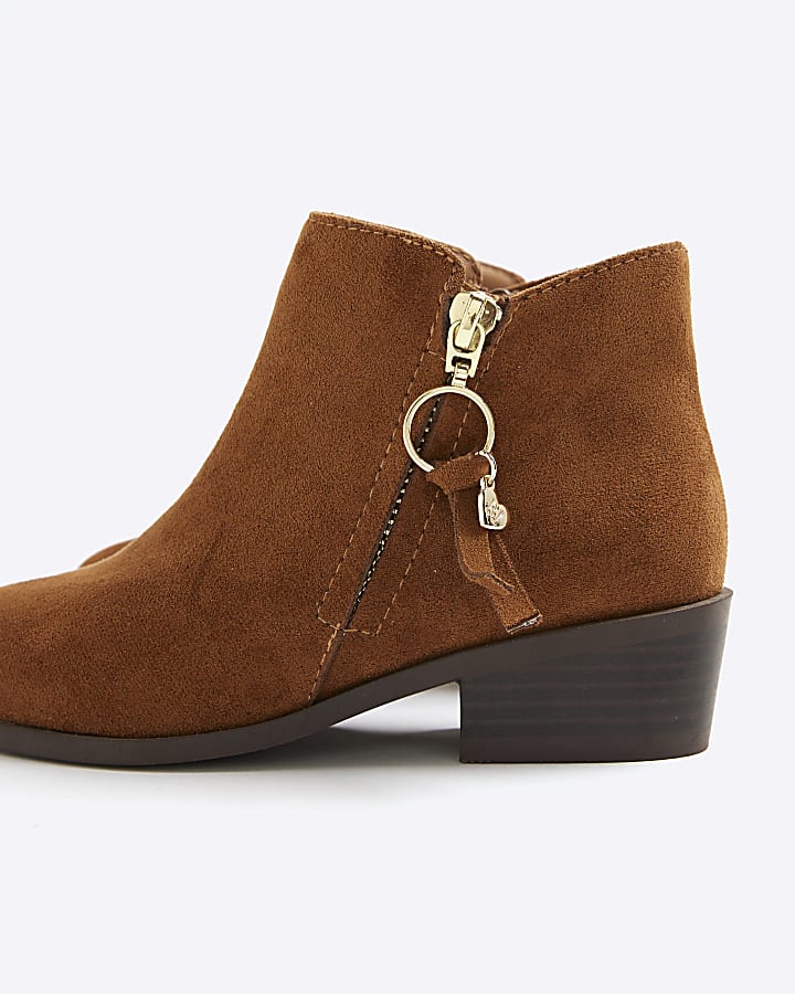 Girls Brown Faux Suede Zip Ankle Boots