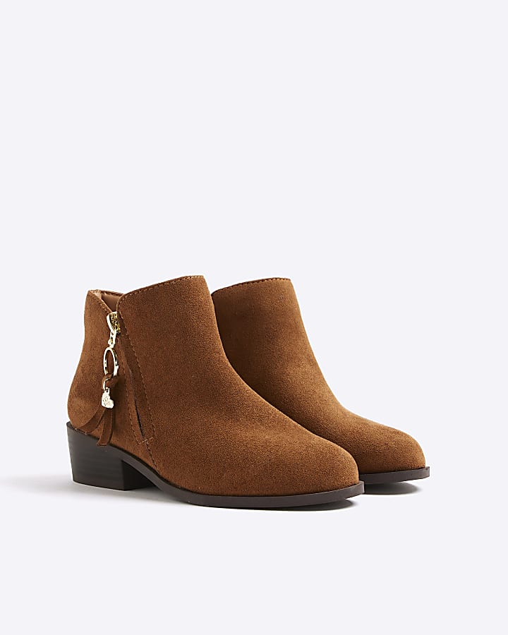 Girls Brown Faux Suede Zip Ankle Boots