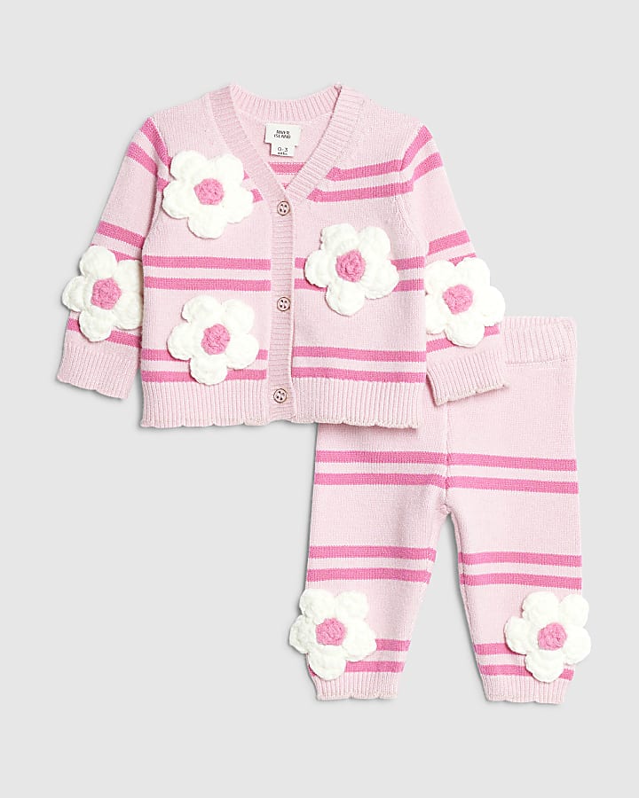 Baby Girls Pink Stripe Flower Cardigan Set