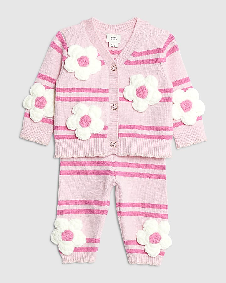 Baby Girls Pink Stripe Flower Cardigan Set