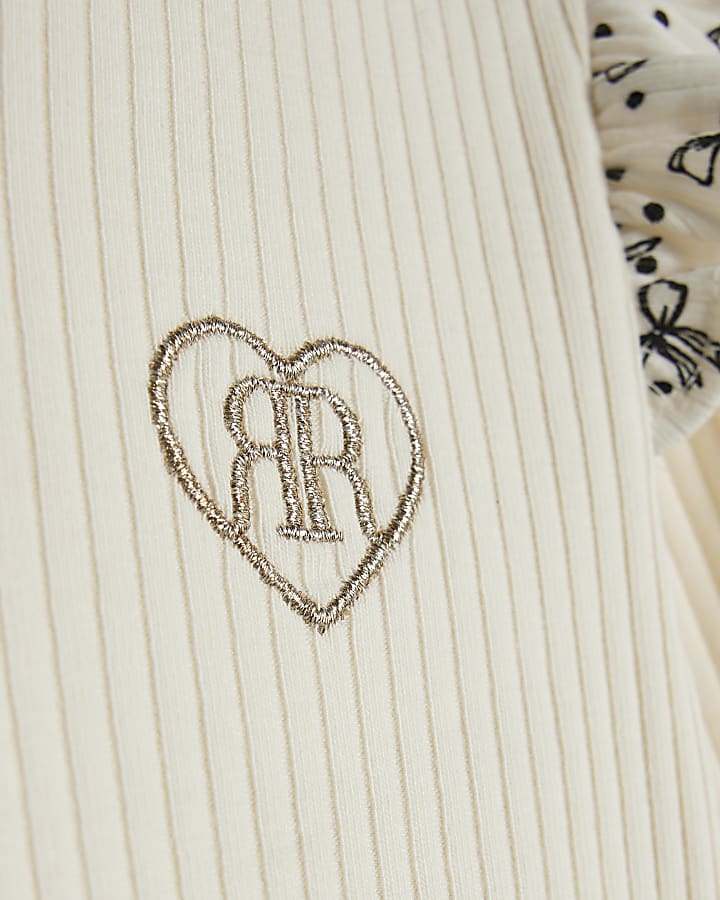 Mini Girls Cream Bow Ribbed Top Set