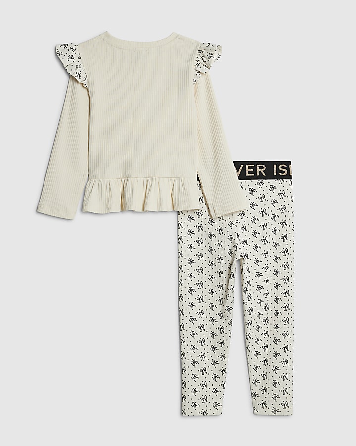 Mini Girls Cream Bow Ribbed Top Set