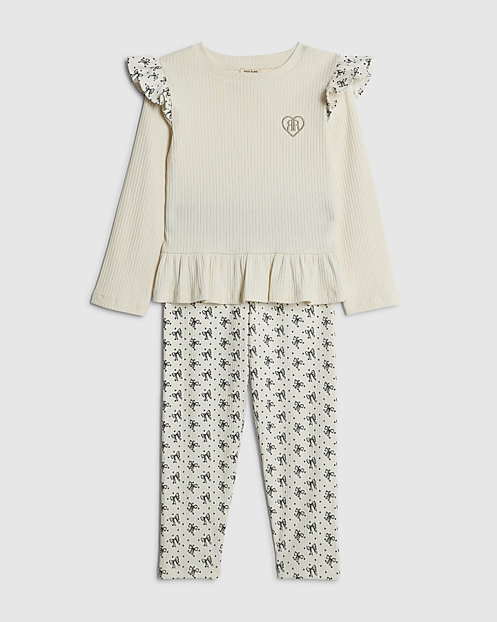 Mini Girls Cream Bow Ribbed Top Set