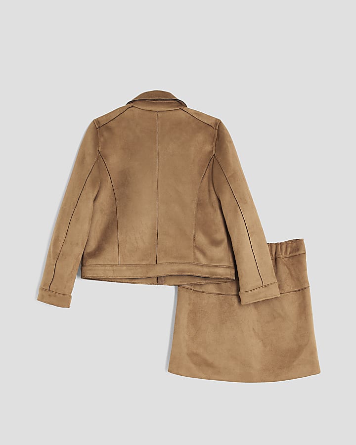Girls Brown Suede Skirt Set