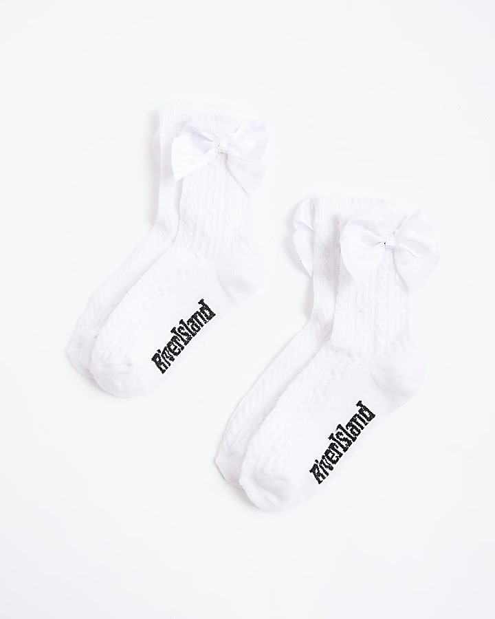 Mini Girls White Pack Of 2 Bow Ankle Socks