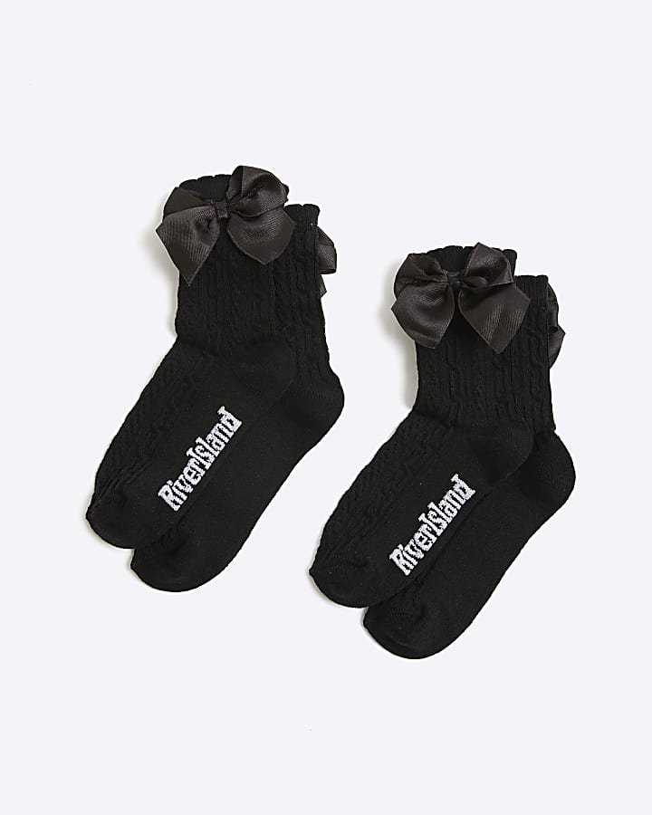 Mini Girls Black Pack Of 2 Bow Ankle Socks
