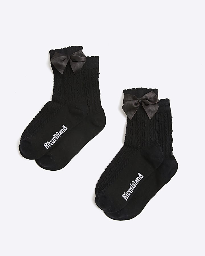 Girls Black Pack Of 2 Bow Back Ankle Socks