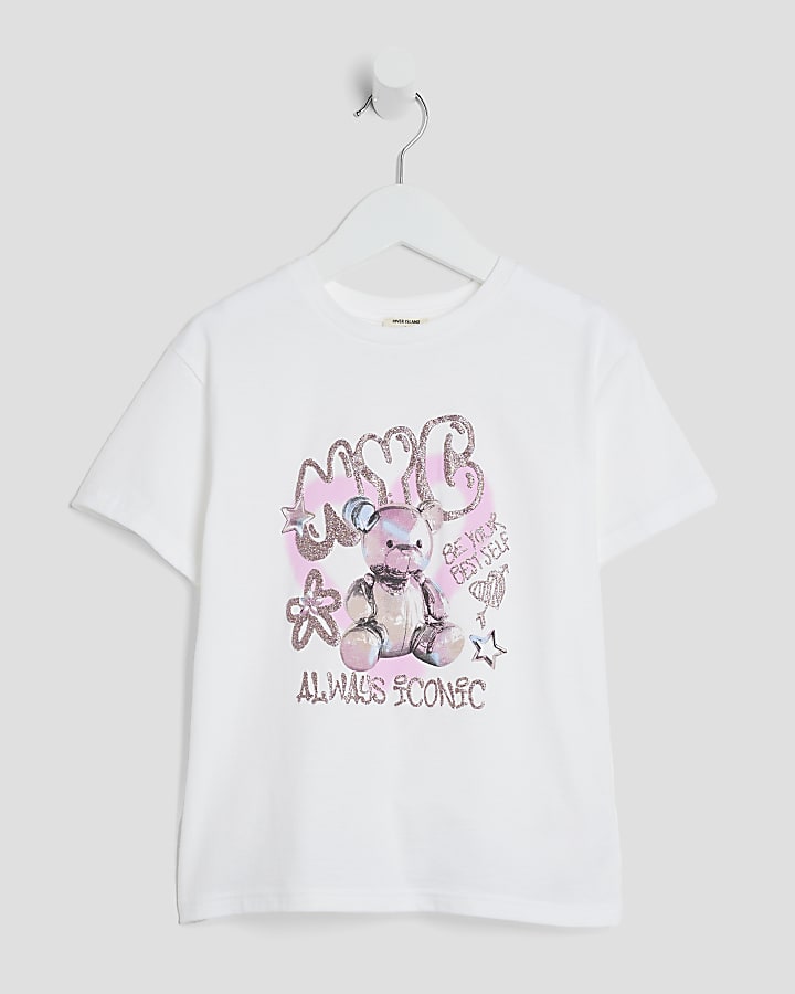 Mini Girls White Graffiti Bear T-Shirt