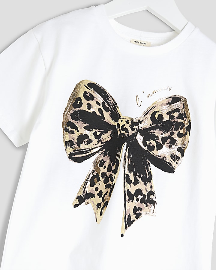 Mini Girls White Leopard Bow Leggings Set