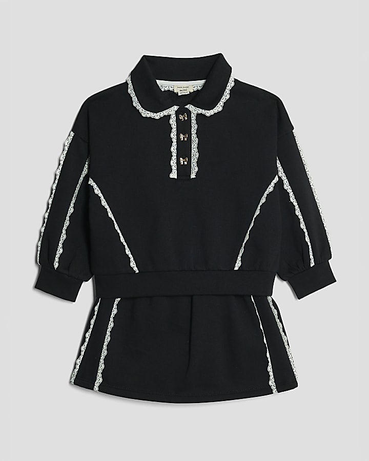 Mini Girls Black Lace Collar Sweatshirt Set