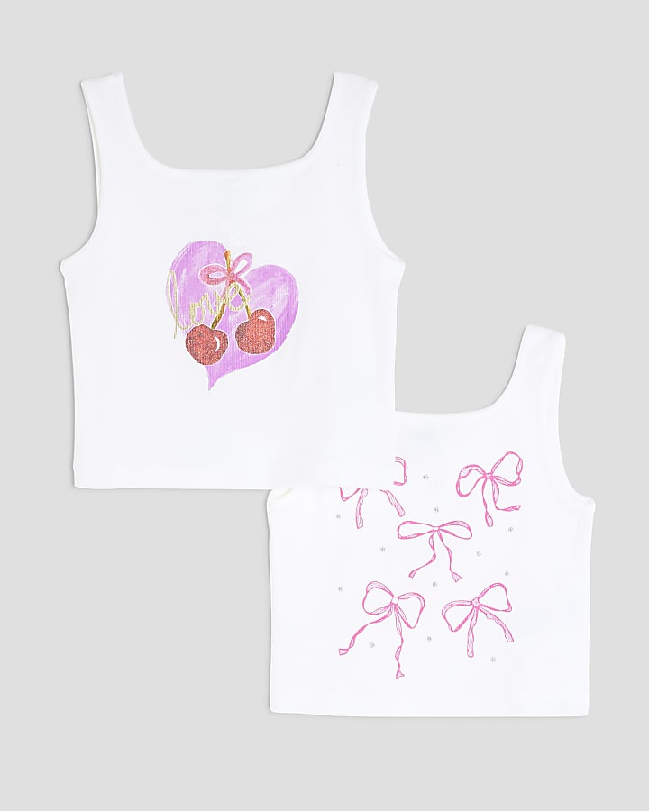 Girls White Cherry And Bow Set Of 2 Tank Tops