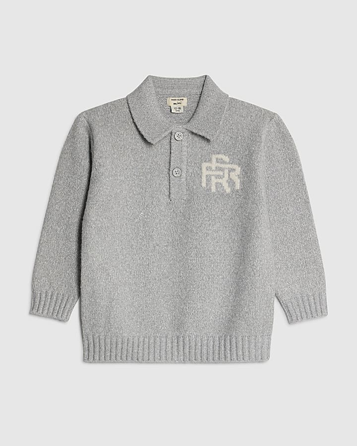 Mini Boys Grey Collared Polo Jumper