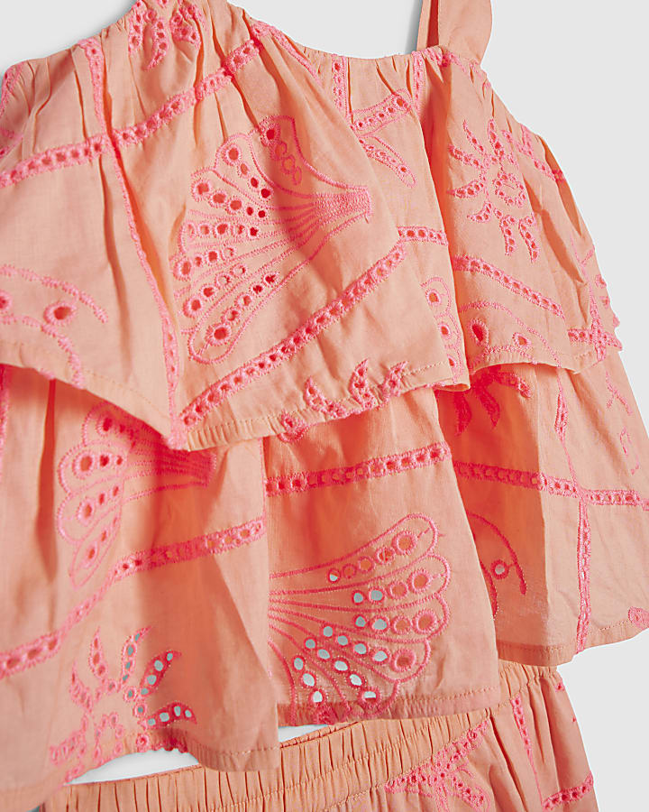 Girls Coral Tiered Broderie Top Set