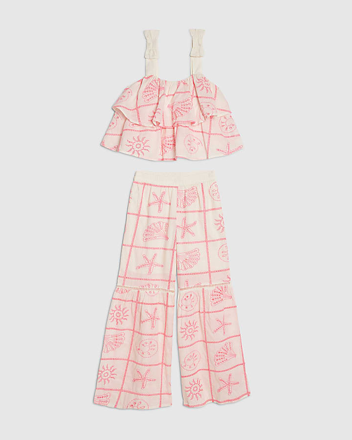 Girls Cream Tiered Broderie Top Set