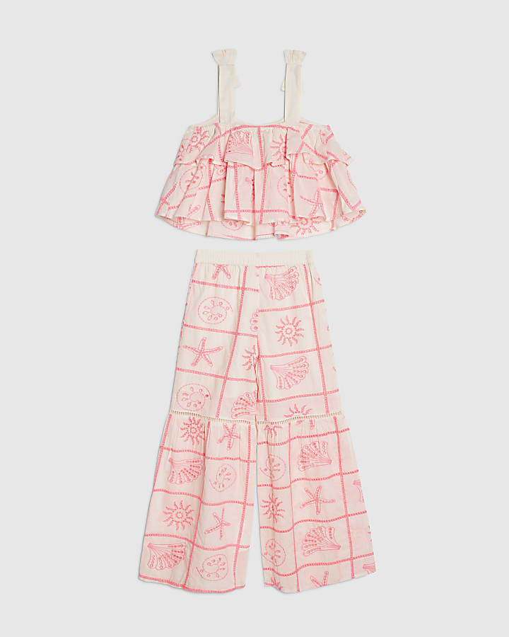 Girls Cream Tiered Broderie Top Set