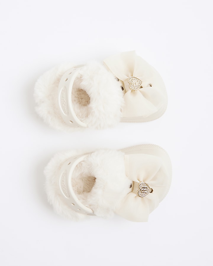 Mini Girls Cream Bow Fur Lined Clogs