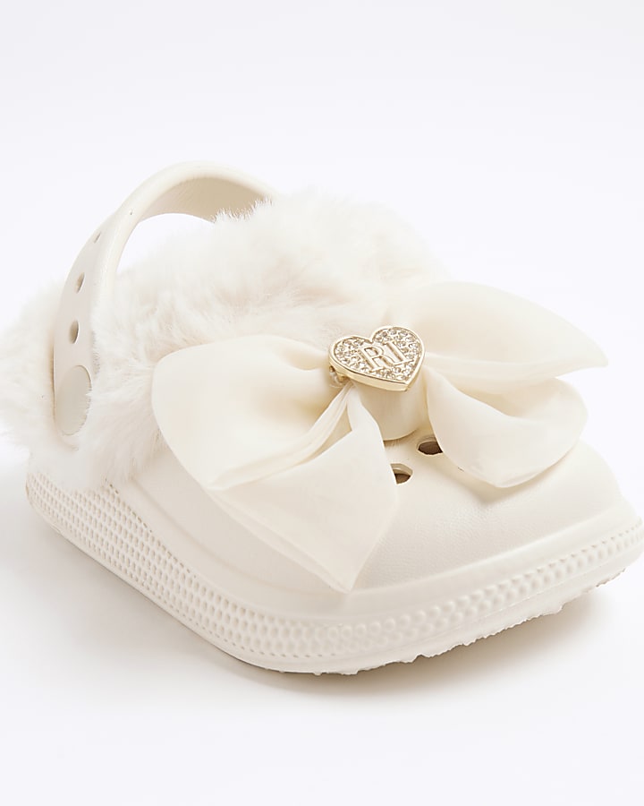 Mini Girls Cream Bow Fur Lined Clogs