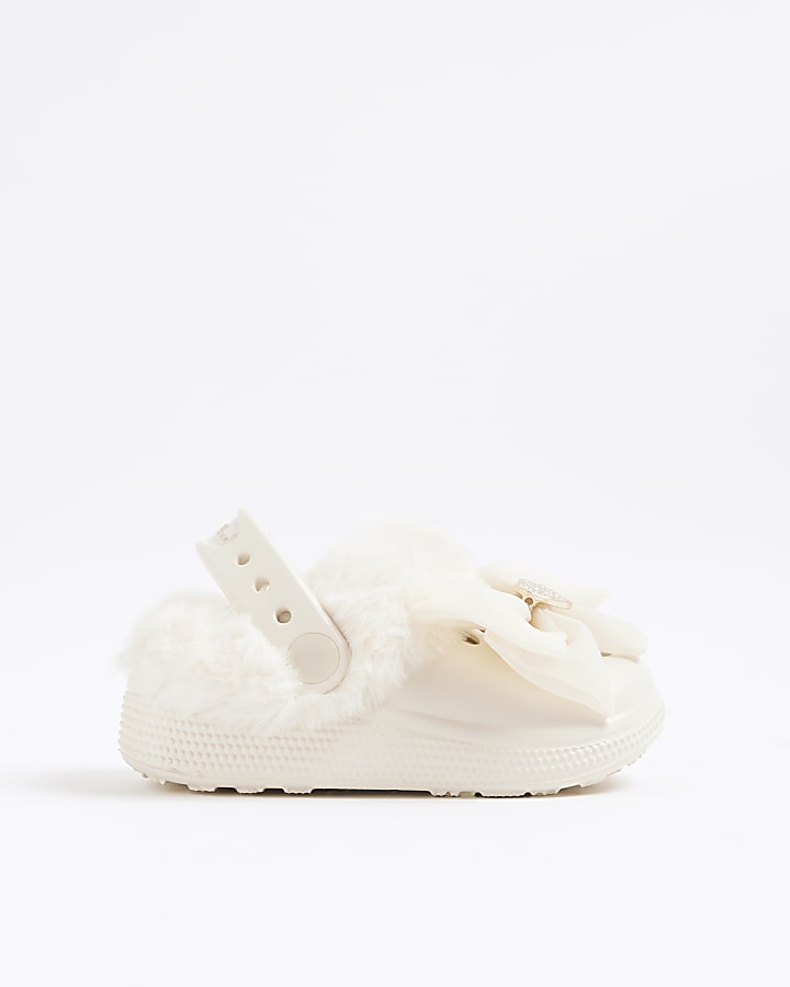 Mini Girls Cream Bow Fur Lined Clogs