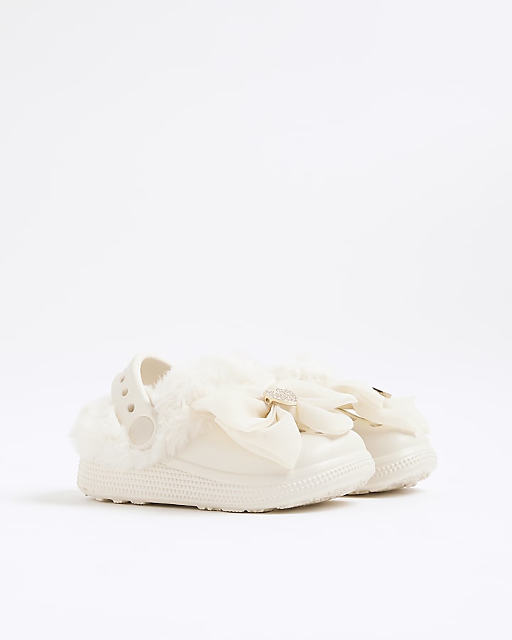 Mini Girls Cream Bow Fur Lined Clogs