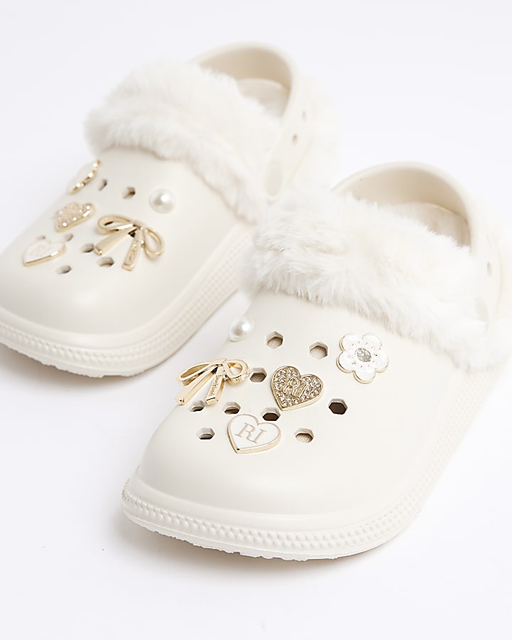 Girls Cream Faux Fur Lined Gem Clogs