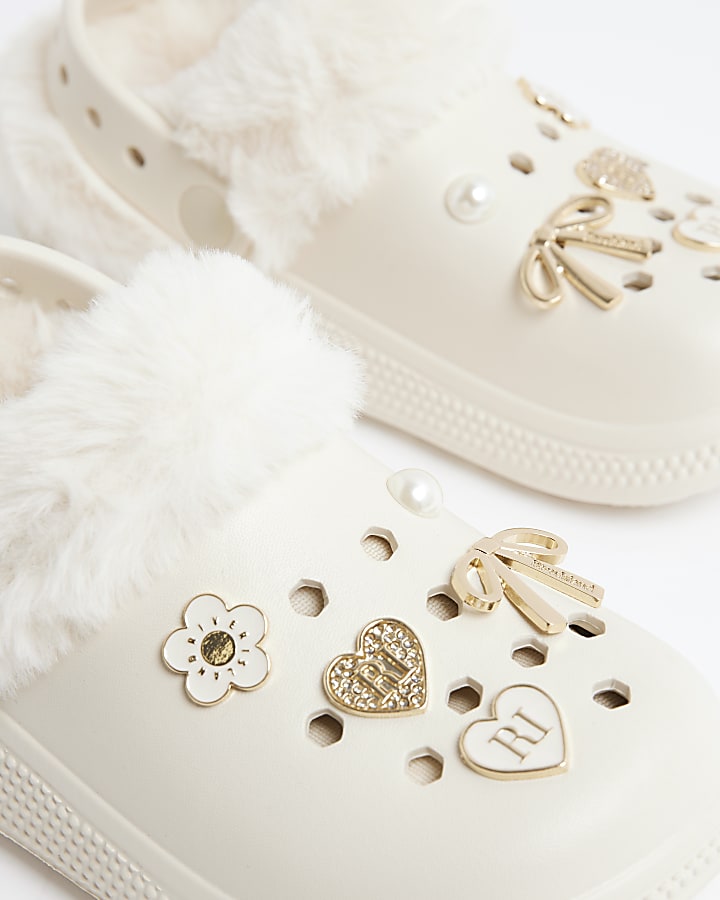 Girls Cream Faux Fur Lined Gem Clogs