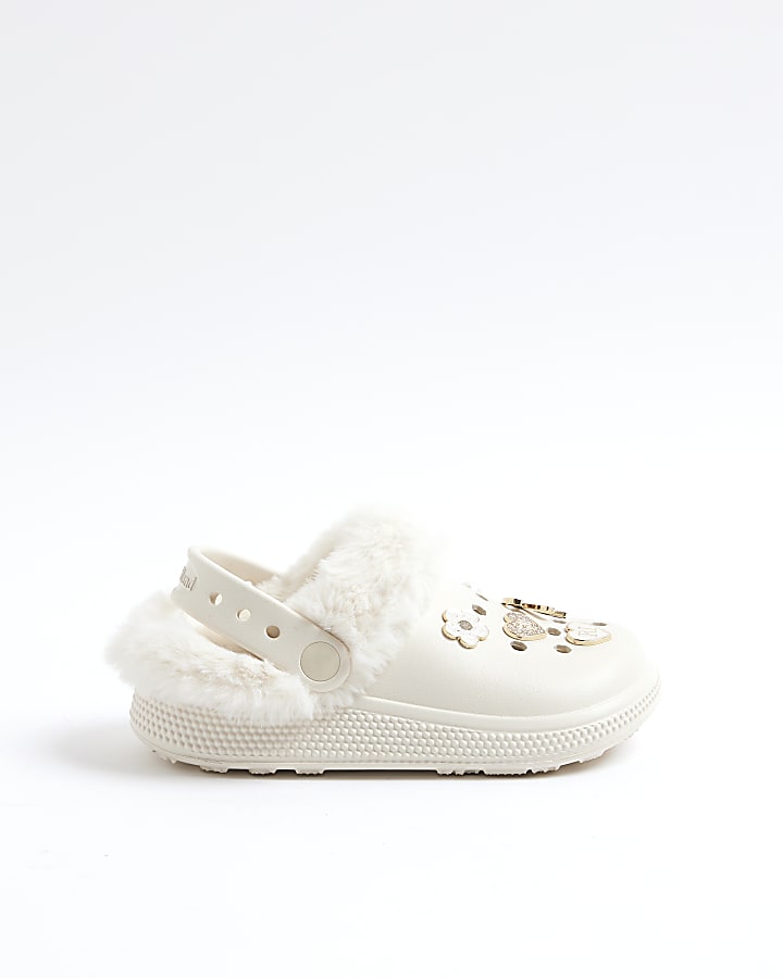 Girls Cream Faux Fur Lined Gem Clogs