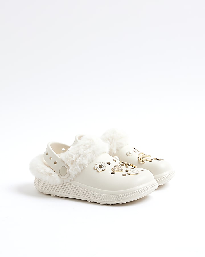 Girls Cream Faux Fur Lined Gem Clogs