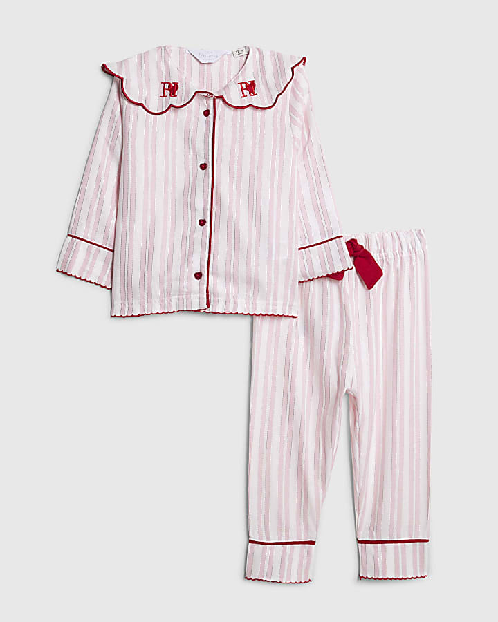 Mini Girls Pink Stripe Scallop Collar Pyjamas