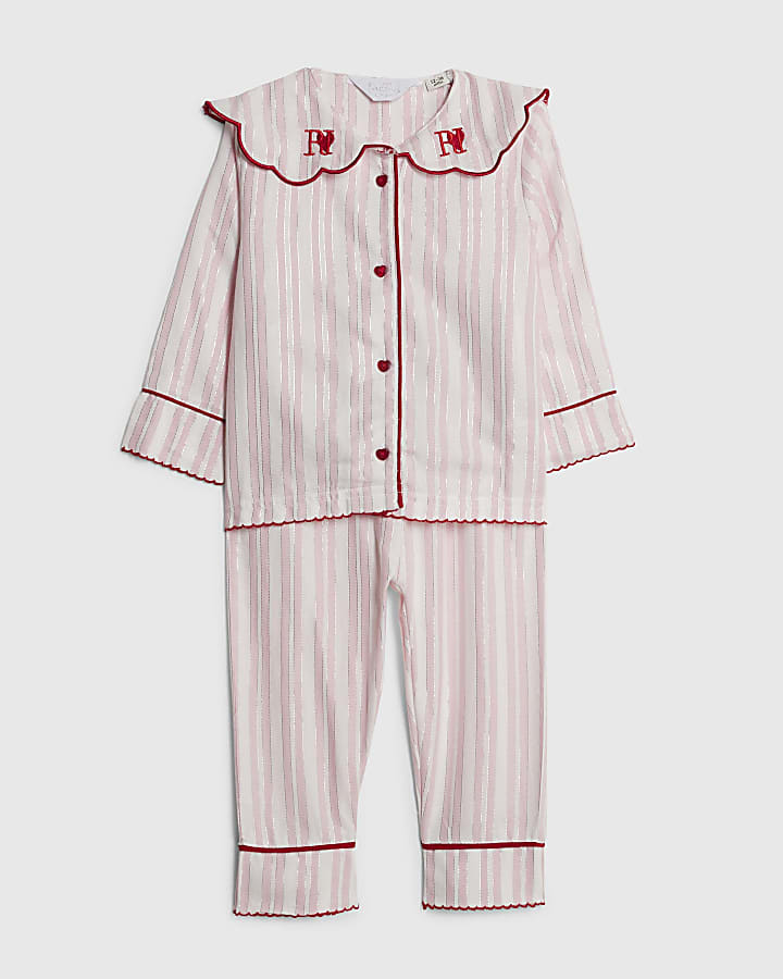 Mini Girls Pink Stripe Scallop Collar Pyjamas