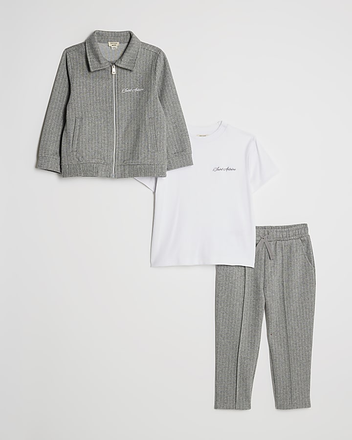 Mini Boys Grey Pinstripe Jacket 3 Piece Set