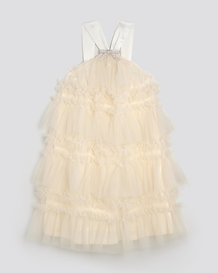 Girls Cream Tulle Layered Halter Neck Dress