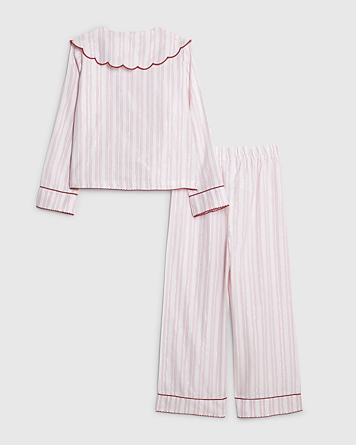 Girls Pink Stripe Scallop Collar Pyjamas