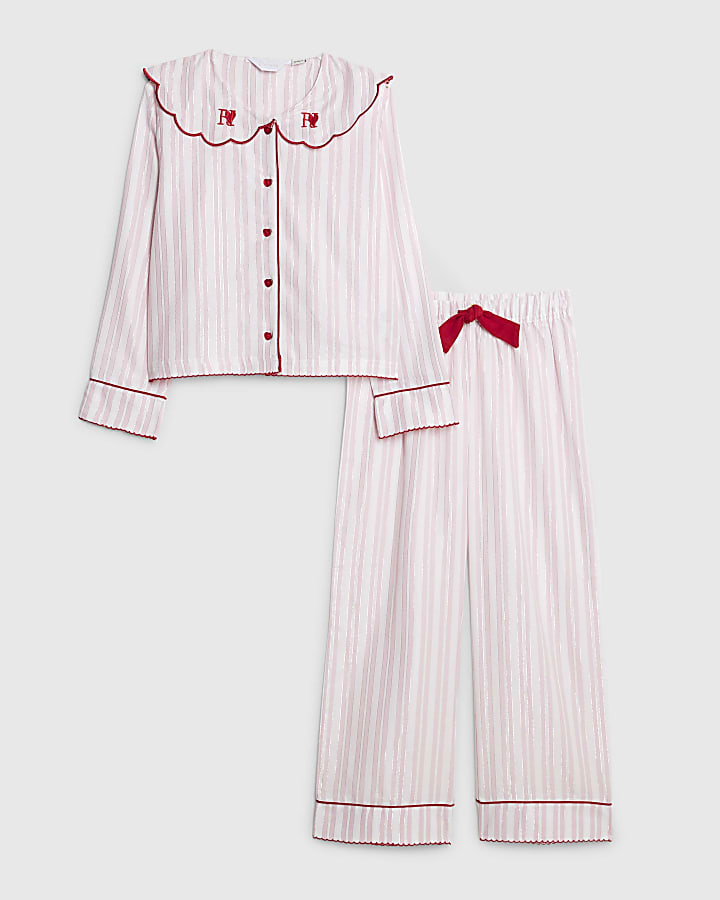 Girls Pink Stripe Scallop Collar Pyjamas