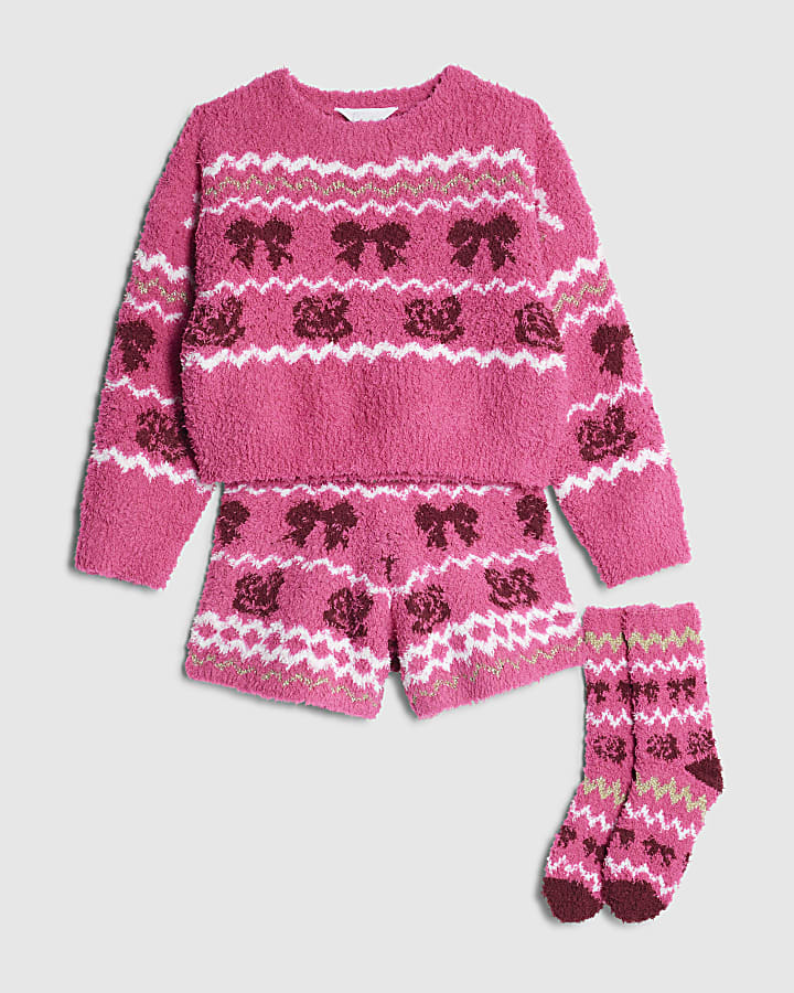 Girls Pink Cosy Fairisle Loungewear Set