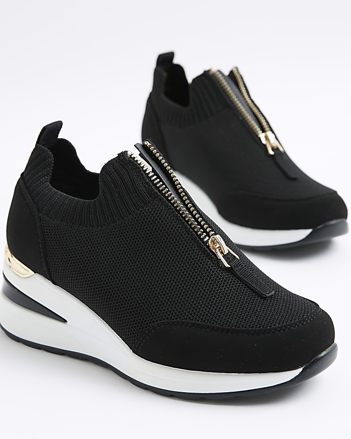 Girls Black Knit Front Zip Wedge Trainers