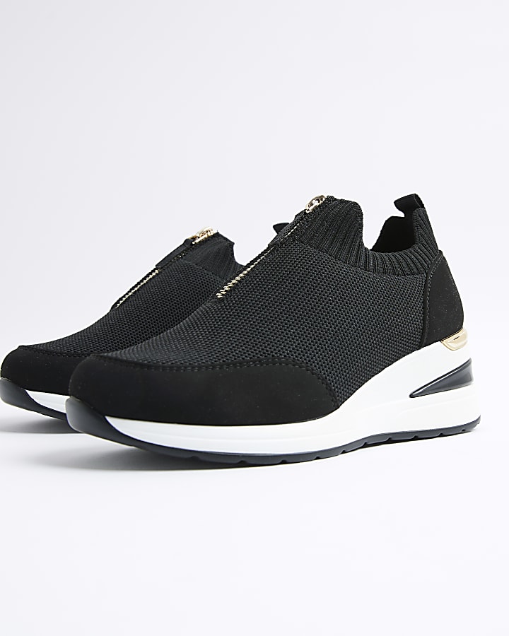 Girls Black Knit Front Zip Wedge Trainers